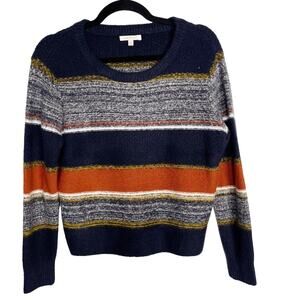 New Skies Are Blue XSmall XS Navy Blue Orange Textured Striped Crew Neck Sweater